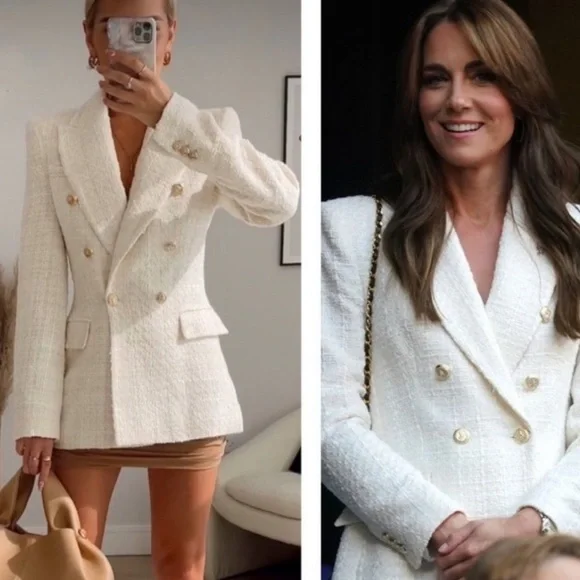 ZARA Tweed Blazer White Chanel Style Blogger Double Breasted Small Jacket - Picture 1 of 5